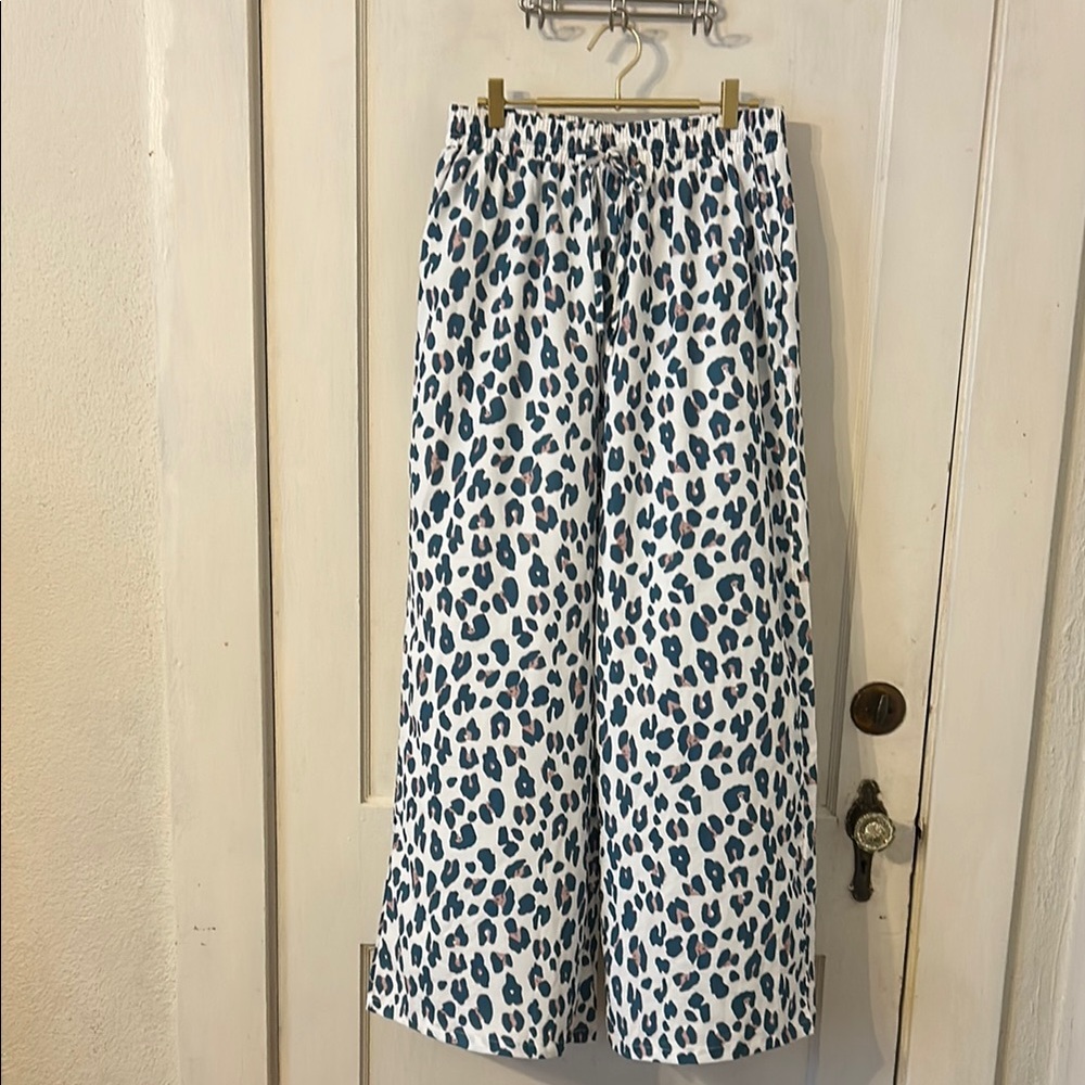 Leopard Print Wide-Leg Pants teal  green and tan print